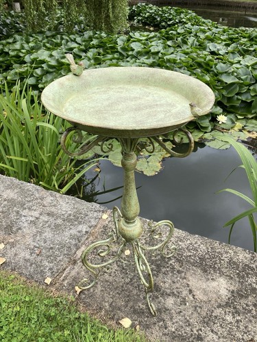 Large metal green bird - bird, bath